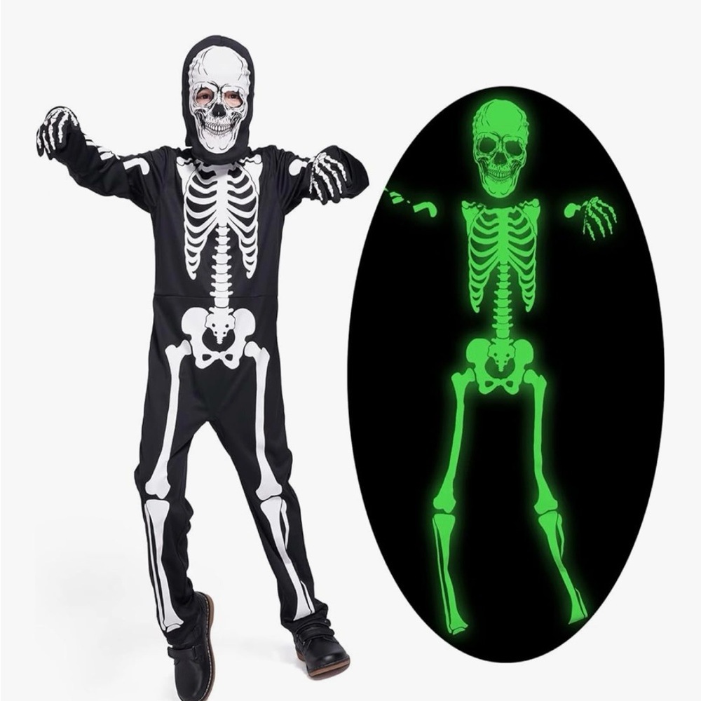 💀 NWT Kids Skeleton Costume Glow in The Dark Skeleton Halloween Costume age 9-11